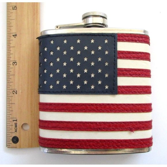 AMERICAN FLAG FLASK USA 6oz Patriotic Stainless Steel Screw Top Stitched Leather - Picture 14 of 14